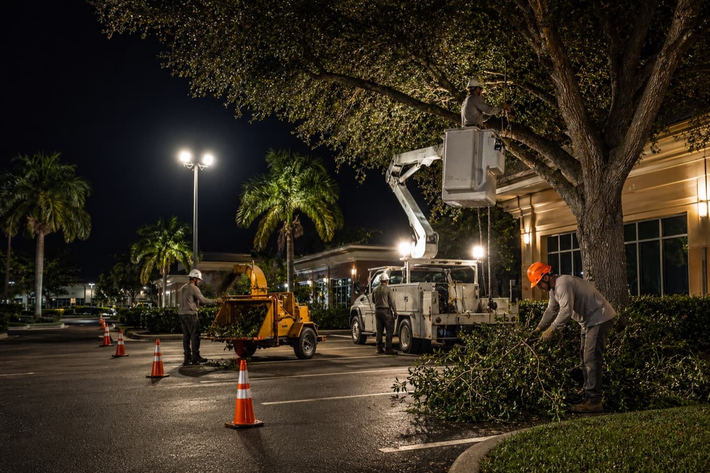 A tree crew working at night in a lit commercial parking lot with cones around the work zone.