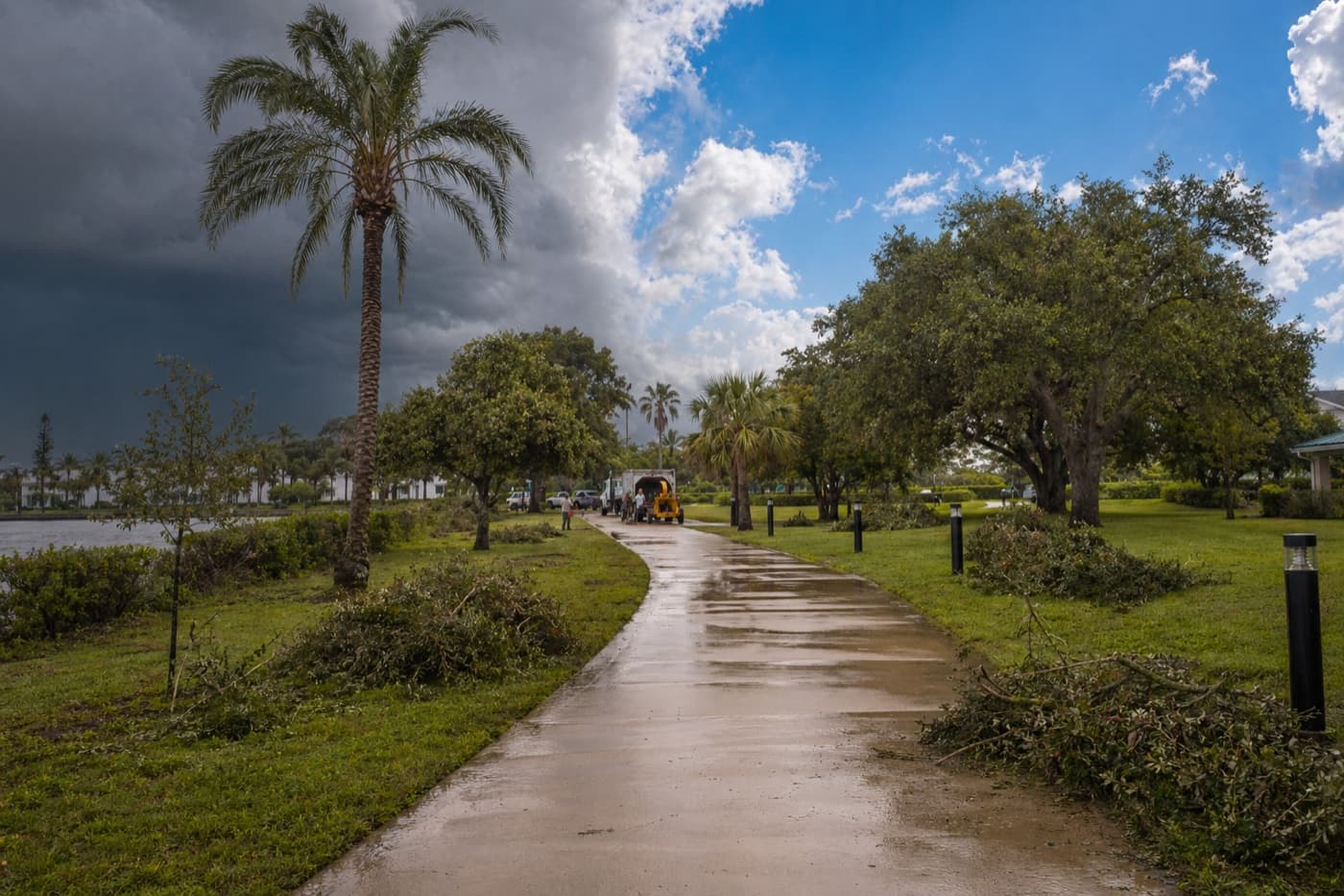A cleared Florida park walkway after storm cleanup with dark clouds receding and blue sky returning.