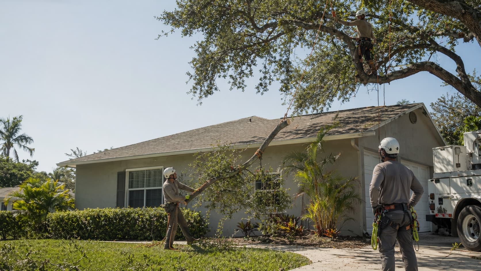 A tree service crew carefully lowering a limb away from the roof of a Florida home.