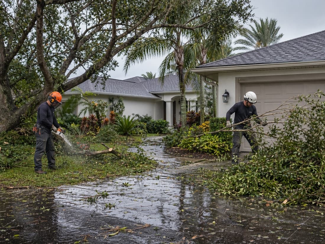 A tree crew clearing storm debris from a wet driveway and walkway after heavy weather.