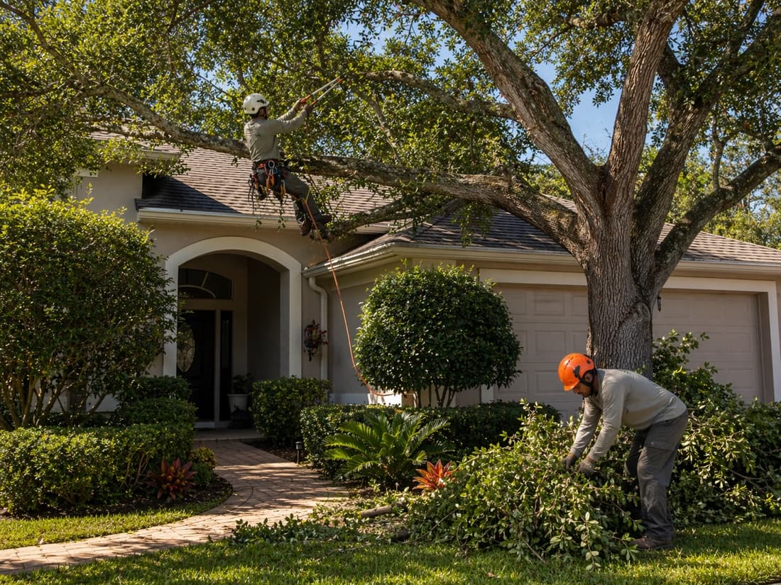 An arborist trimming branches above a Florida home's roof while a crew member gathers limbs below.