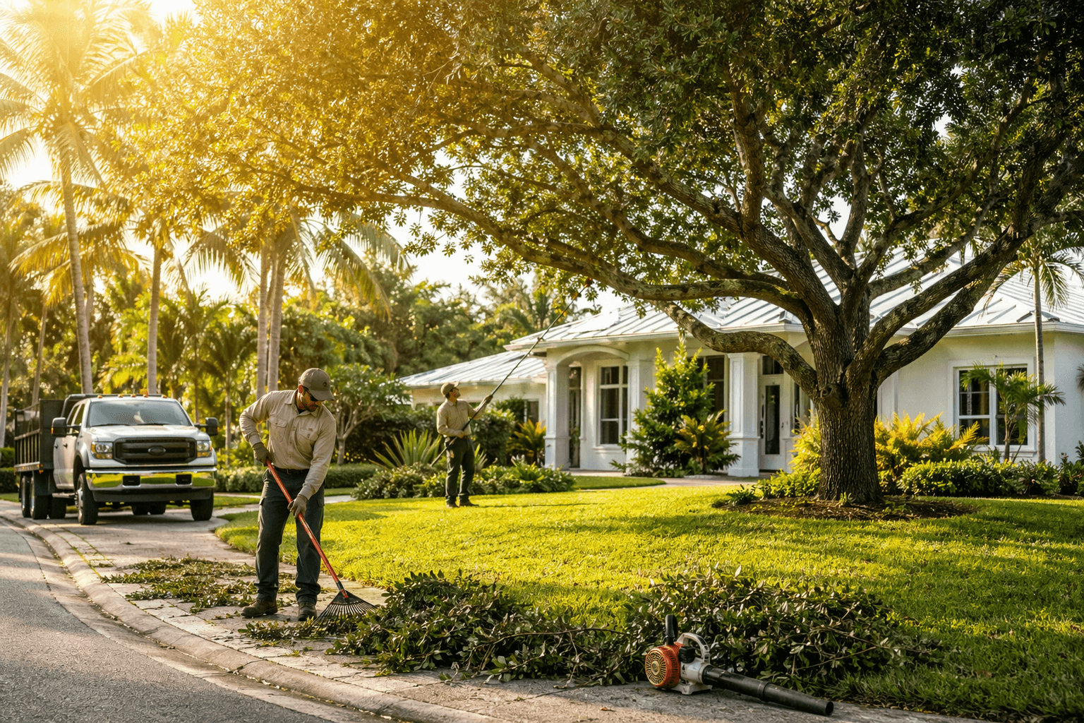 A pruned residential tree canopy over a clean yard and walkway after a health-focused visit.
