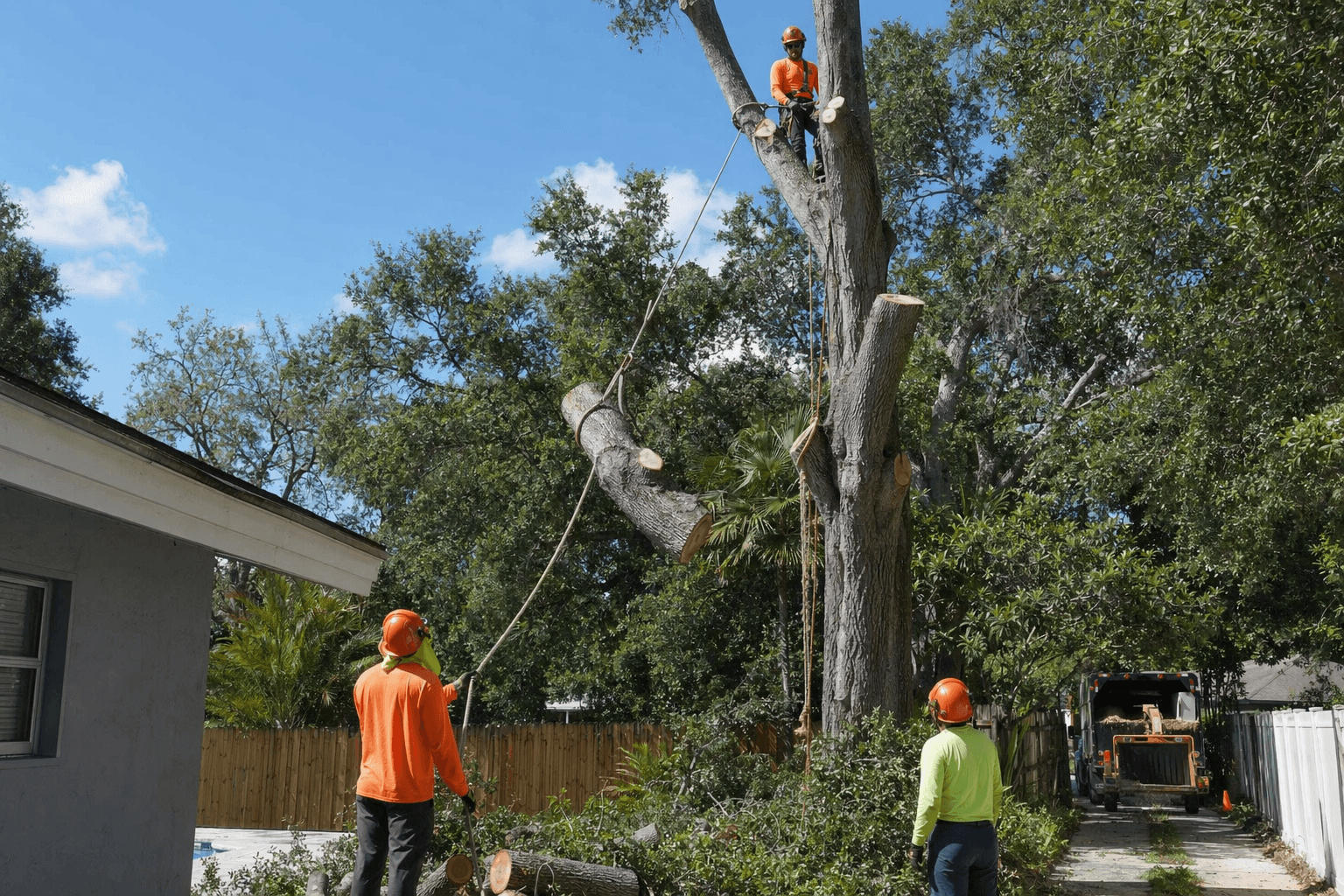 A residential tree work site with equipment access planned through a yard before cleanup.